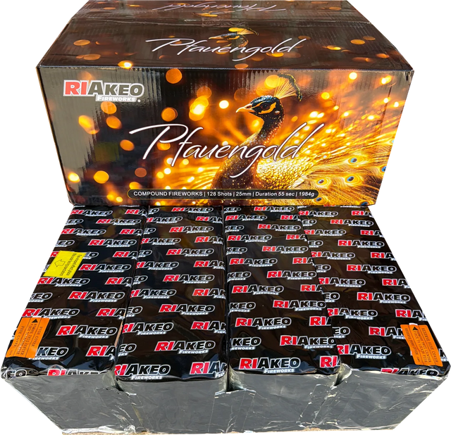 Pfauengold 128-shot fanned F2 compound firework by Riakeo