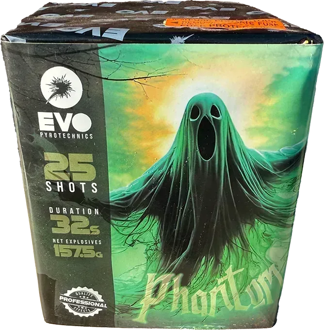 Evolution Fireworks Phantom 25 shot cake with ghost themed label.