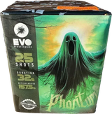Evolution Fireworks Phantom 25 shot cake with ghost themed label.