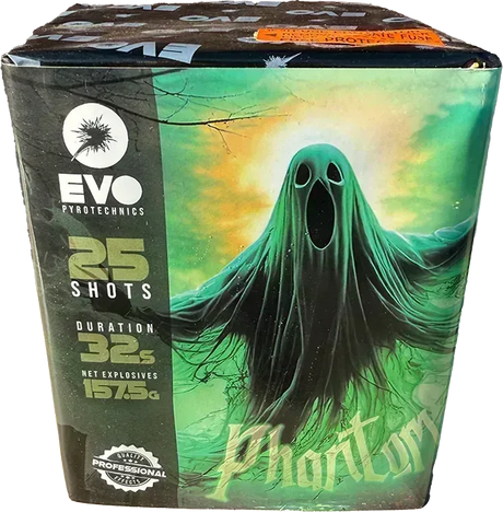 Evolution Fireworks Phantom 25 shot cake with ghost themed label.