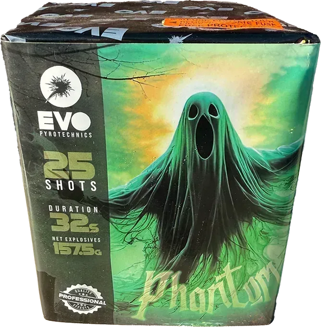 Evolution Fireworks Phantom 25 shot cake with ghost themed label.