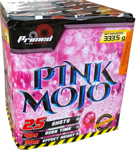 Primed Pyrotechnics Pink Mojo 25 shot cake firework.