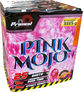 Pink Mojo 25-shot F3 cake firework by Primed Pyrotechnics
