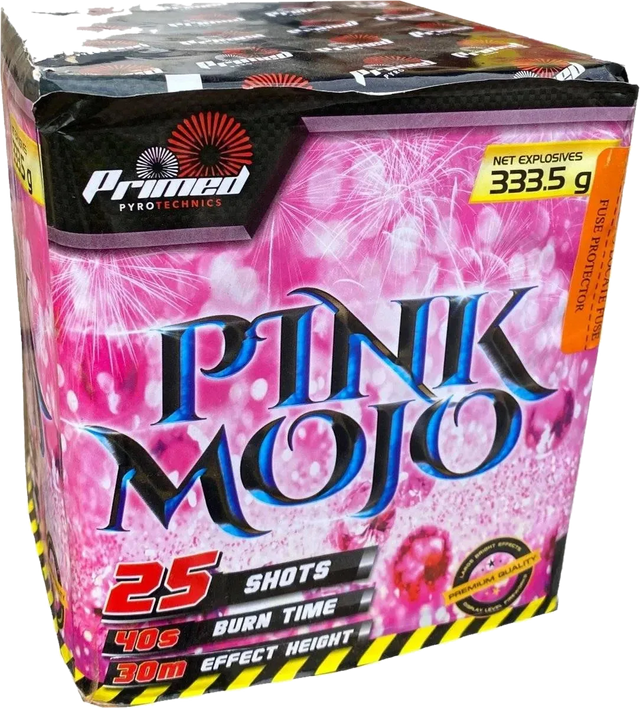 Pink Mojo 25-shot F3 cake firework by Primed Pyrotechnics