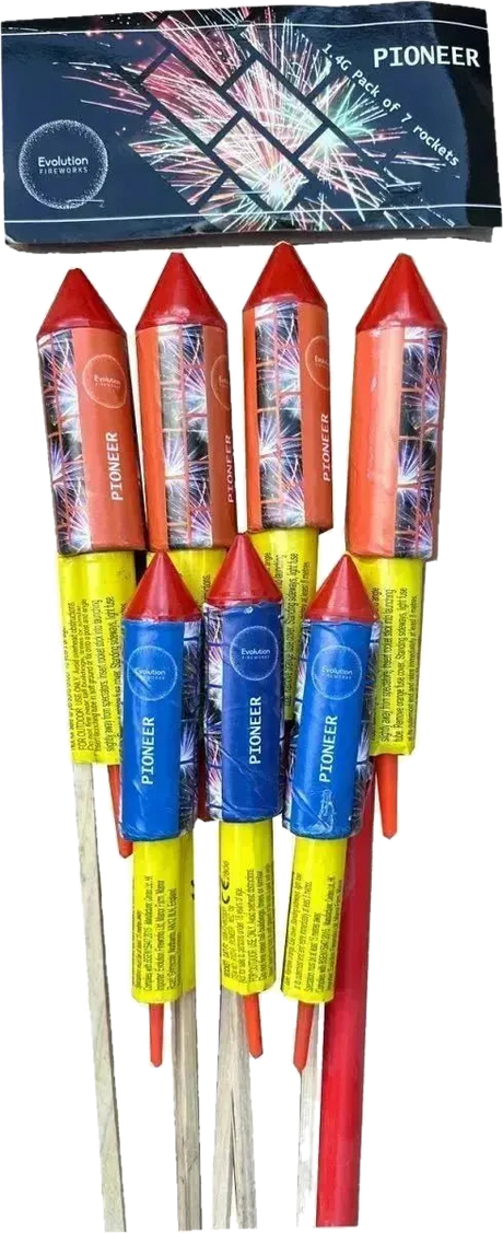 Evo Fireworks Pioneer rocket pack containing 7 mixed size rockets.