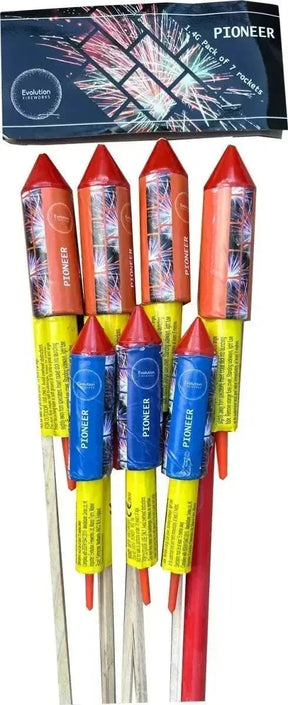 Evolution Fireworks Pioneer rocket pack containing 7 mixed size rockets.