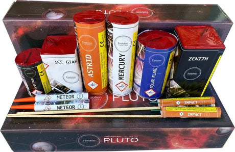 Pluto Box 10-piece low-noise F2 firework selection box by Evo Fireworks