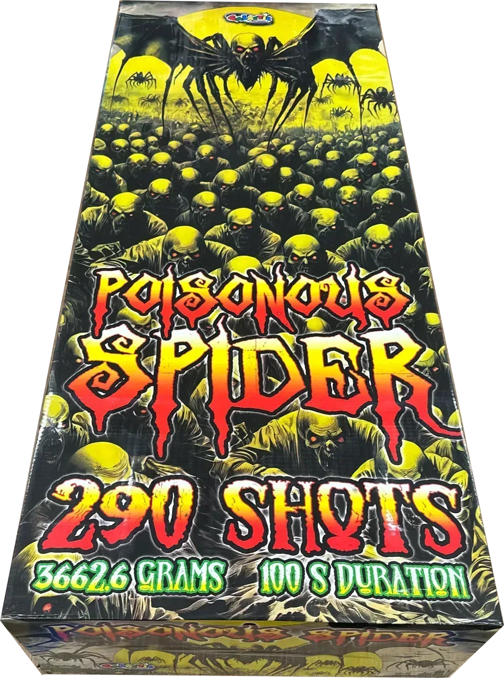Poisonous Spider 290-shot compound firework in its coffin-sized box, showing the sheer scale of the packaging