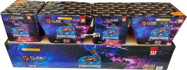 Poseidon 133-shot fanned compound firework by Cube Fireworks