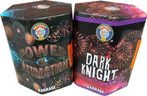Twin pack of Power & Attraction and Dark Knight 1.3G firework cakes.