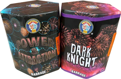 Twin pack of Power & Attraction and Dark Knight 1.3G firework cakes.