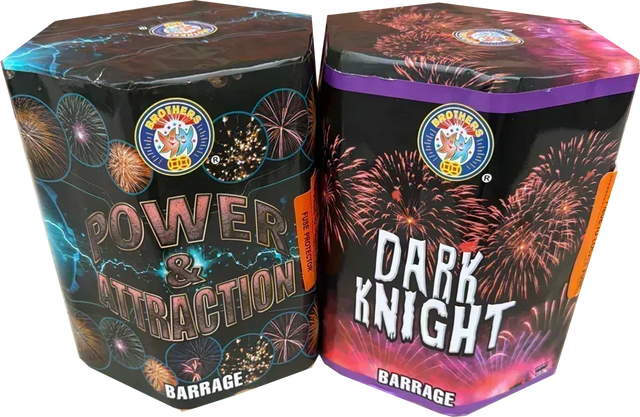 Twin pack of Power & Attraction and Dark Knight 1.3G firework cakes.