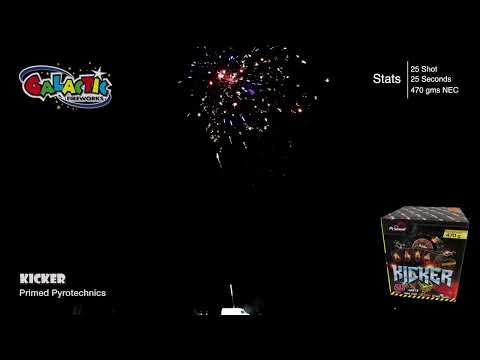 Kicker by Primed Pyrotechnics 25-shot firework cake in action, showcasing vibrant aerial bursts and colorful effects in a night sky celebration.