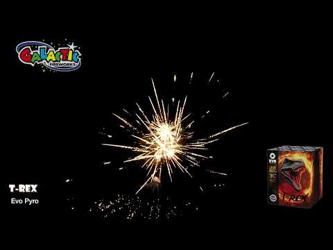 T Rex firework displaying gold brocade crowns with red glitter effects.
