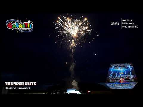 Thunder Blitz firework exploding with massive 1.3G bursts and bright stars.