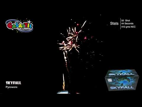 Skyfall firework exploding with large red and gold star bursts.