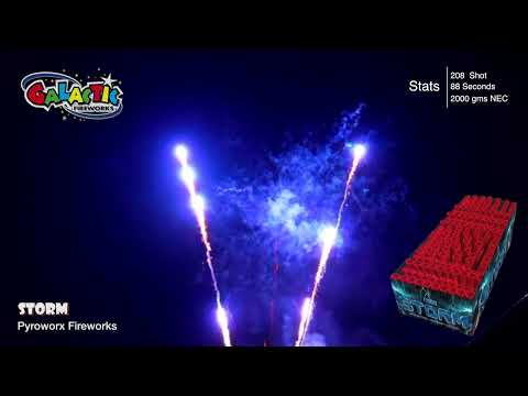 Storm firework displaying golden waterfall fan effects and vibrant stars.
