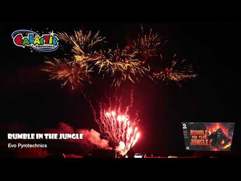 Full 96-second display of Rumble In The Jungle compound firework showing screaming comets and gold finale.