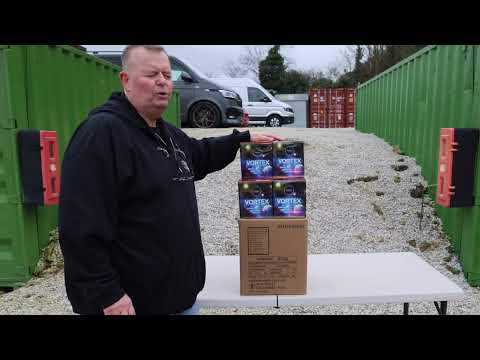 a man pointing at a box of fireworks