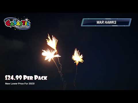 Hawk Slayer | Pack of 5 Loud, Powerful Rockets by Black Panther exploding mid-air with golden sparks, priced at £24.99 per pack for 2023.