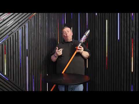 Full length view of the 1.6m Super Strobe rocket showing its large head size.