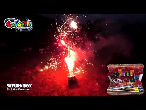 Saturn Box by Evolution Fireworks in action, showcasing vibrant garden firework effects including fountains and bursts from the 20-piece set.