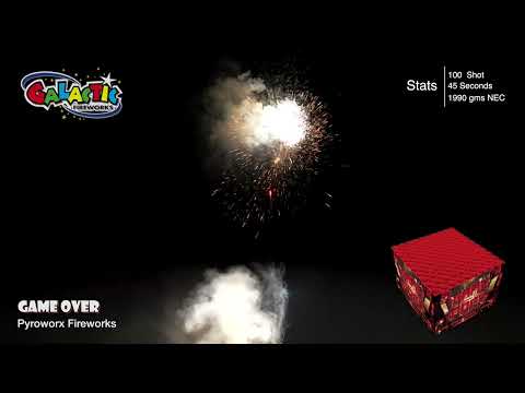 Game Over compound firework firing demo — 100 shots of 1.3G finale power by Pyroworx