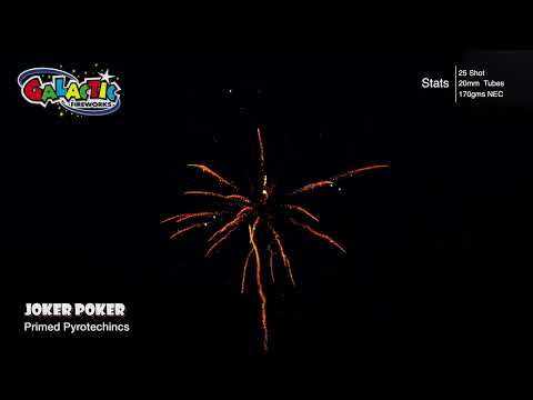 Joker Poker 25-shot cake firing with golden willows and colourful strobes