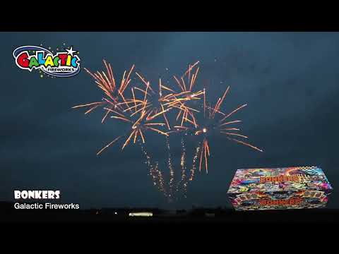 Multi-coloured fan shape explosion from Bonkers firework.