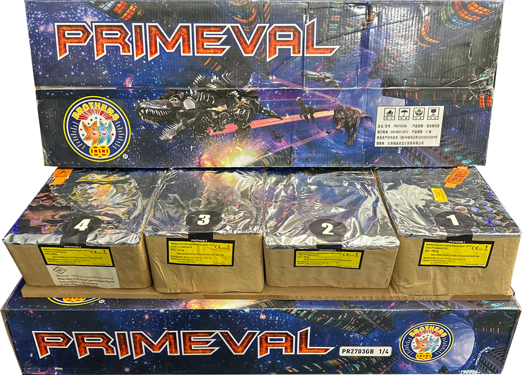 Primeval 398 shot compound firework by Brothers Pyrotechnics.