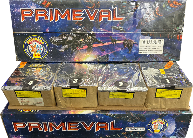 Primeval 398 shot compound firework by Brothers Pyrotechnics.