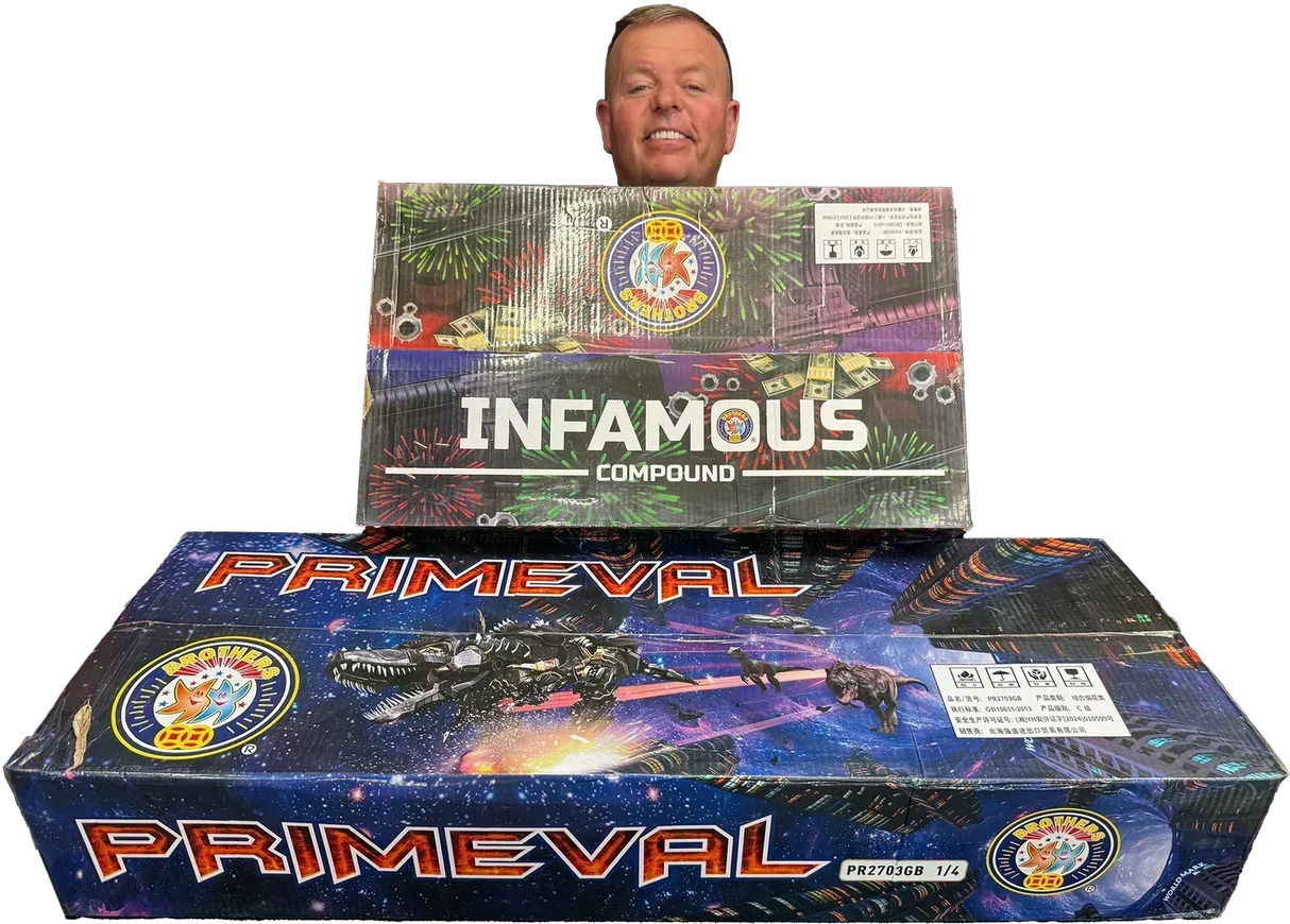 Twin pack of Primeval and Infamous compound fireworks by Brothers Pyrotechnics.