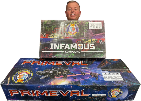 Twin pack of Primeval and Infamous compound fireworks by Brothers Pyrotechnics.