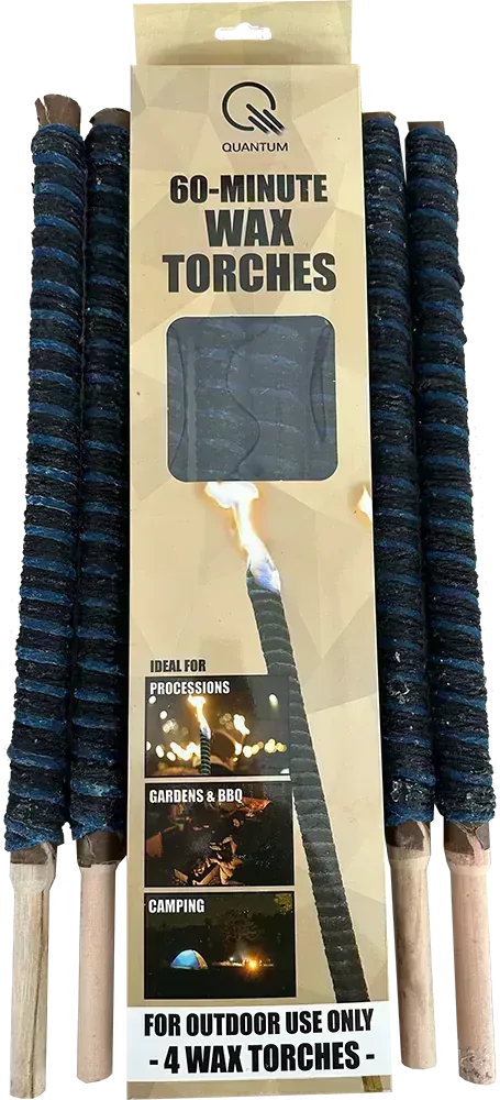 Pack of 4 wax torches with wooden handles and rope, packaged in a cardboard sleeve with a clear plastic window displaying the product information.