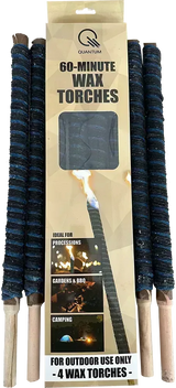 Pack of 4 wax torches with wooden handles and rope, packaged in a cardboard sleeve with a clear plastic window displaying the product information.