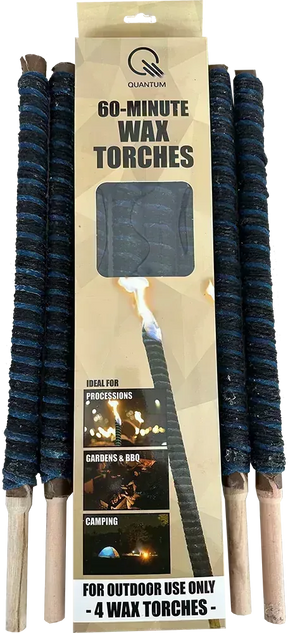 Pack of 4 wax torches with wooden handles and rope, packaged in a cardboard sleeve with a clear plastic window displaying the product information.