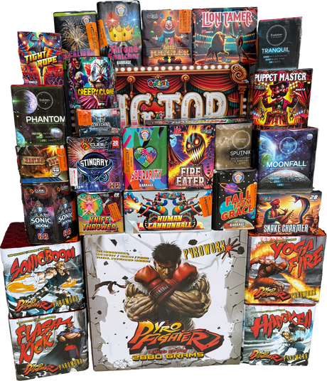 Puppetmaster Pack containing 25 assorted firework cakes including Big Top and Pyro Fighter ranges.