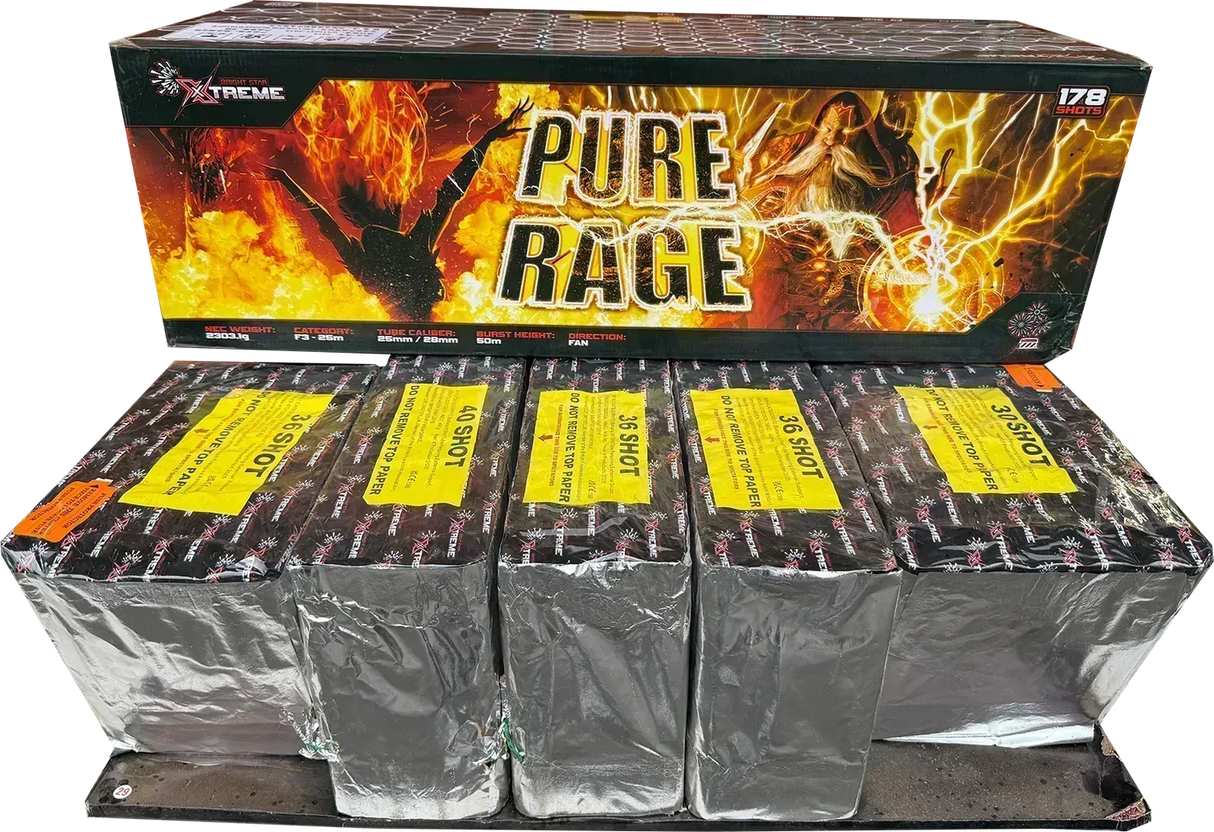 Pure Rage 178 shot compound firework by Xtreme showing flower crown and swimming star effects.
