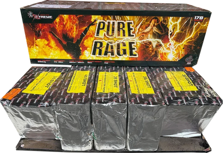 Pure Rage 178 shot compound firework by Xtreme showing flower crown and swimming star effects.
