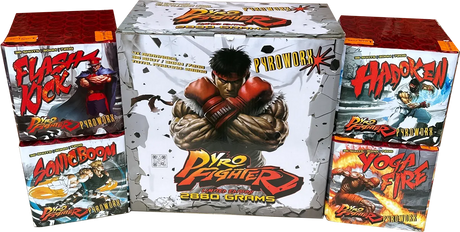 Pyro Fighter pack of 4 fireworks by Pyroworx including Sonic Boom and Hadoken.