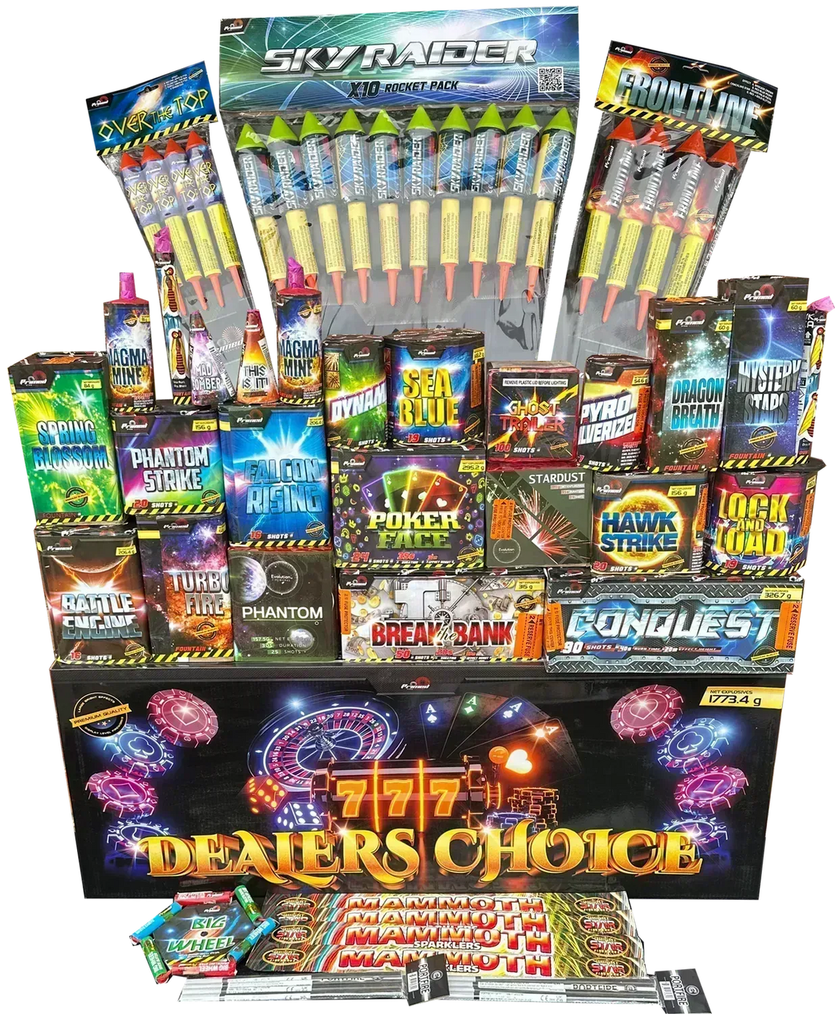 Pyro Party complete display pack with 49 fireworks including rockets and cakes.