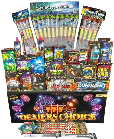 Pyro Party complete display pack with 49 fireworks including rockets and cakes.