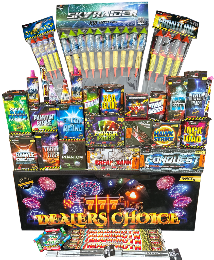 Pyro Party complete display pack with 49 fireworks including rockets and cakes.