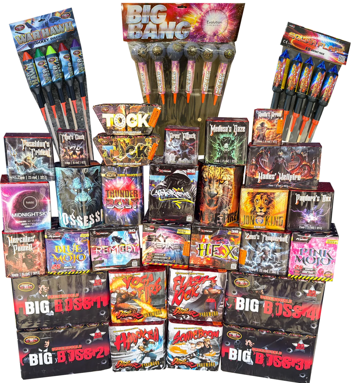 Pyro Party Pack 46-piece complete display firework pack by Galactic Fireworks