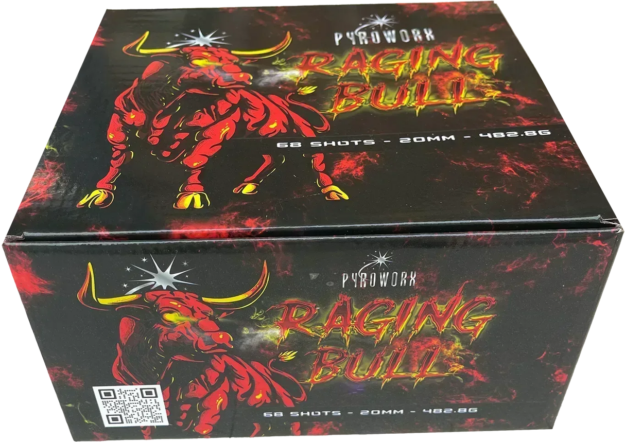 Raging Bull 68 shot cake by Pyroworx firing rapid multi-coloured stars.