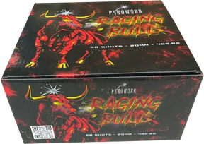Raging Bull 68 shot cake by Pyroworx firing rapid multi-coloured stars.