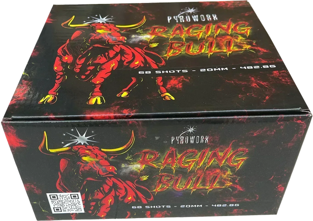 Raging Bull 68 shot cake by Pyroworx firing rapid multi-coloured stars.