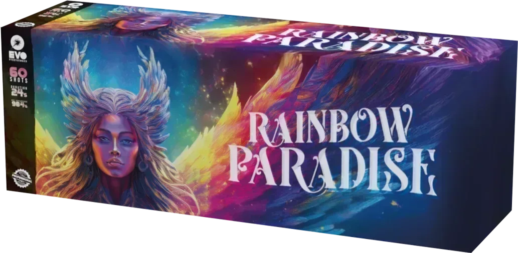 Rainbow Paradise 60-shot fanned cake firework by Evo Fireworks