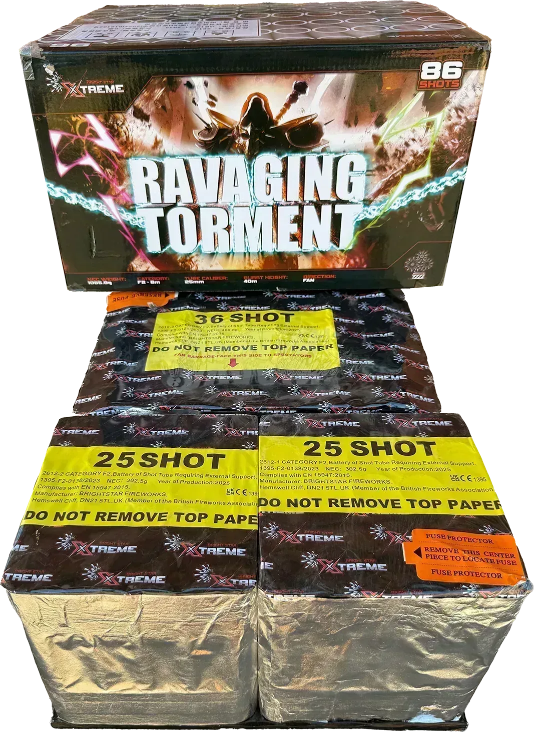 Ravaging Torment 86 shot compound firework by Xtreme firing colourful dahlias and swimming stars.
