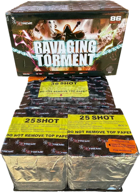 Ravaging Torment 86 shot compound firework by Xtreme firing colourful dahlias and swimming stars.